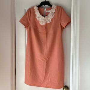 Fashion Coral Dress With White Lace Collar Size Medium